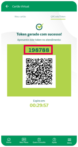Print screen mostrando a página cartão virtual, com destaque para o número do Token